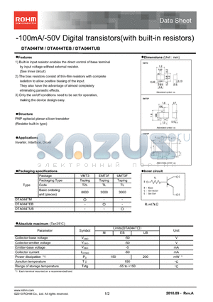 DTA044TEB datasheet - 100mA/-50V Digital transistors(with built-in resistors)