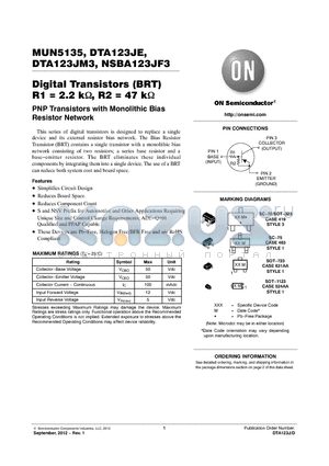 DTA123JM3T5G datasheet - Digital Transistors (BRT) R1 = 2.2 k, R2 = 47 k