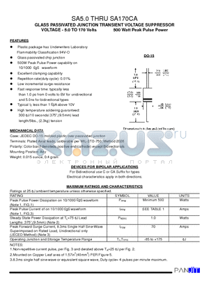 SA50 datasheet - GLASS PASSIVATED JUNCTION TRANSIENT VOLTAGE SUPPRESSOR(VOLTAGE - 5.0 TO 170 Volts 500 Watt Peak Pulse Power)