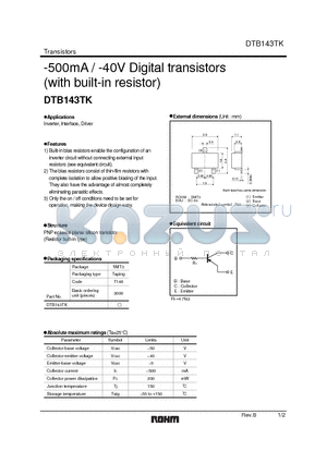 DTB143TK datasheet - -500mA / -40V Digital transistors (with built-in resistor)