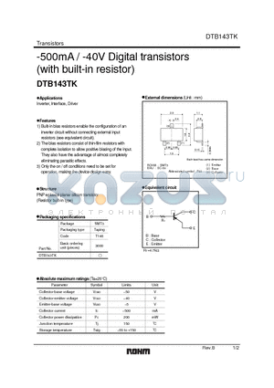 DTB143TK_1 datasheet - -500mA / -40V Digital transistors (with built-in resistor)