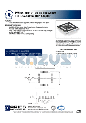 64-304121-00-P datasheet - 64-Pin 0.5mm TQFP-to-0.8mm QFP Adapter