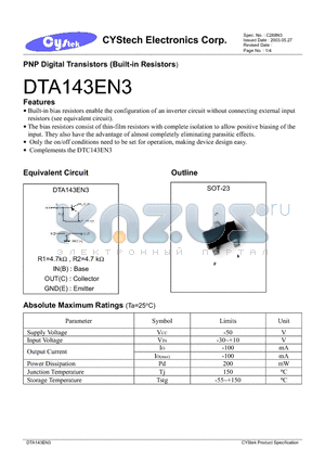 DTC143EN3 datasheet - PNP Digital Transistors (Built-in Resistors)