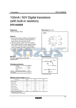 DTC143XEB datasheet - 100mA / 50V Digital transistors