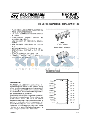 M3004LAB1 datasheet - REMOTE CONTROL TRANSMITTER