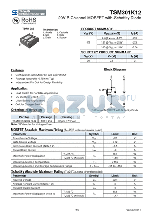 TSM301K12CQRLG datasheet - 20V P-Channel MOSFET with Schottky Diode