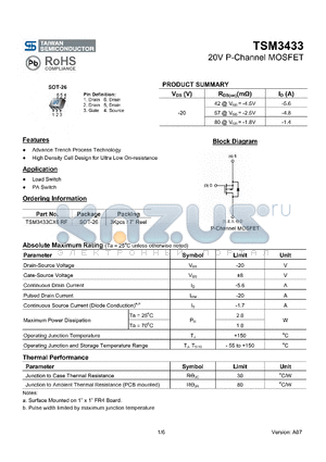 TSM3433CX6RF datasheet - 20V P-Channel MOSFET