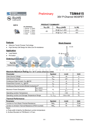 TSM4415CSRL datasheet - 30V P-Channel MOSFET