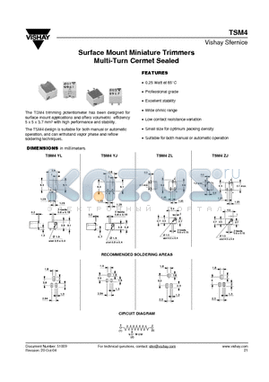 TSM4 datasheet - Surface Mount Miniature Trimmers Multi-Turn Cermet Sealed