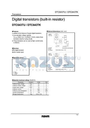 DTC643TK datasheet - Digital transistors (built-in resistor)