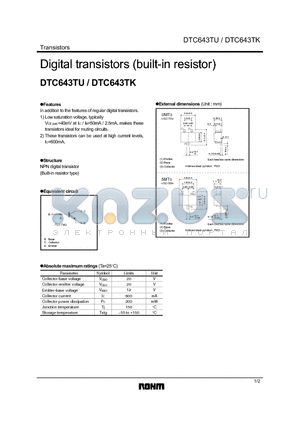DTC643TU datasheet - Digital transistors (built-in resistor)