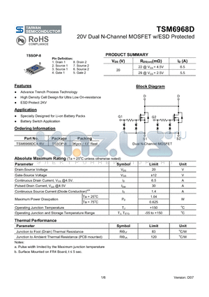 TSM6968D_08 datasheet - 20V Dual N-Channel MOSFET w/ESD Protected