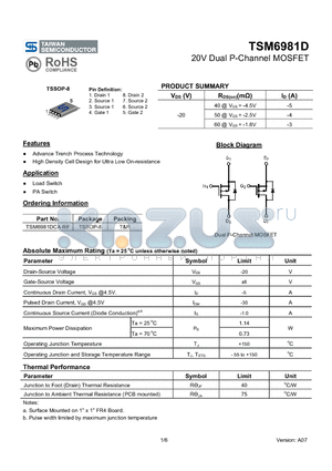 TSM6981D datasheet - 20V Dual P-Channel MOSFET