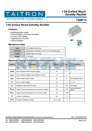 TSMF14 datasheet - 1.0A Surface Mount Schottky Rectifier