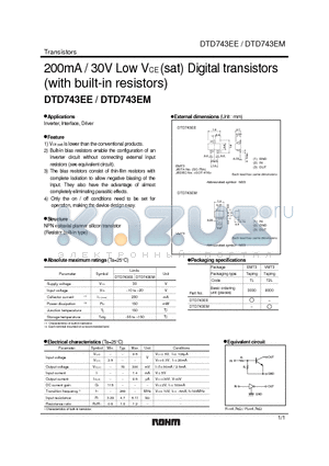 DTD743EE datasheet - 200mA / 30V Low VCE (sat) Digital transistors (with built-in resistors)