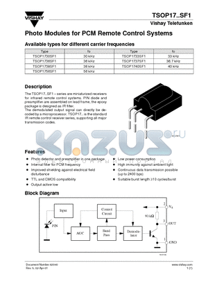 TSOP1730SF1 datasheet - Photo Modules for PCM Remote Control Systems