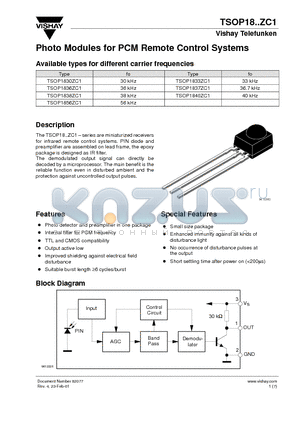 TSOP1830ZC1 datasheet - Photo Modules for PCM Remote Control Systems