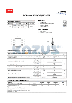 DTM4415_13 datasheet - P-Channel 30-V (D-S) MOSFET 100 % Rg Tested