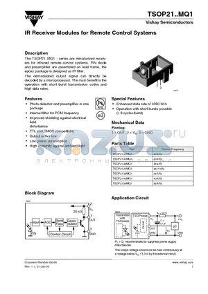 TSOP21 datasheet - IR Receiver Modules for Remote Control Systems