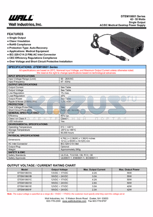 DTEM10601A datasheet - 42~55 Watts Single Output AC/DC Medical Desktop Power Supply