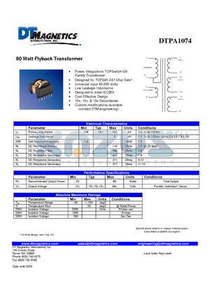 DTPA1074 datasheet - 80 Watt Flyback Transformer