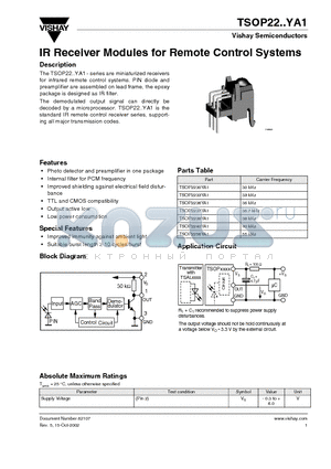 TSOP2238YA1 datasheet - IR Receiver Modules for Remote Control Systems