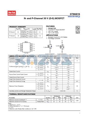 DTM4616 datasheet - N- and P-Channel 30 V (D-S) MOSFET Halogen-free