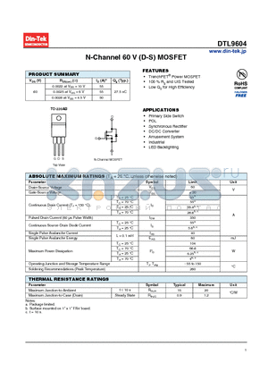 DTL9604_13 datasheet - N-Channel 60 V (D-S) MOSFET Low Qg for High Efficiency