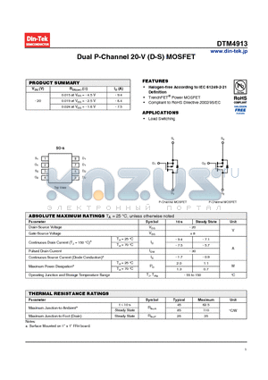 DTM4913 datasheet - Dual P-Channel 20-V (D-S) MOSFET Halogen-free