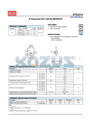 DTS2315 datasheet - P-Channel 20 V (D-S) MOSFET TrenchFET Power MOSFET