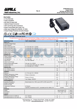 DTSPU68-105 datasheet - Single Output 60 Watts (80 Watts Peak) AC/DC Desktop Power Supply