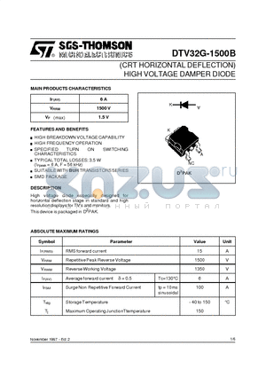 DTV32G-1500B datasheet - CRT HORIZONTAL DEFLECTION HIGH VOLTAGE DAMPER DIODE