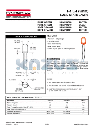 HLMP-D400 datasheet - T-1 3/4 5mm SOLID STATE LAMPS
