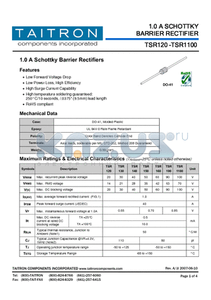 TSR160 datasheet - 1.0 A SCHOTTKY BARRIER RECTIFIER