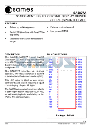 SA8807AFA datasheet - 96 SEGMENT LIQUID CRYSTAL DISPLAY DRIVER SERIAL (SPI) INTERFACE