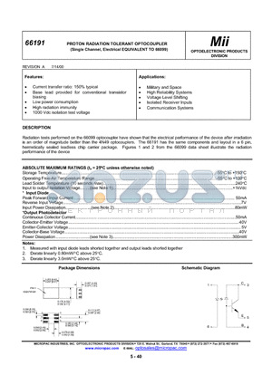 66191-001 datasheet - PROTON RADIATION TOLERANT OPTOCOUPLER (Single Channel, Electrical EQUIVALENT TO 66099)