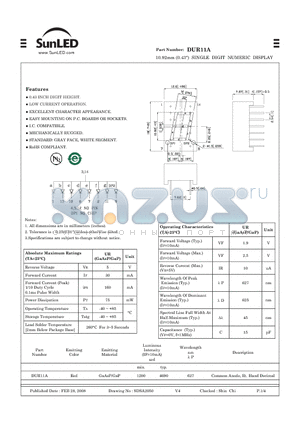 DUR11A datasheet - 10.92mm (0.43) SINGLE DIGIT NUMERIC DISPLAY