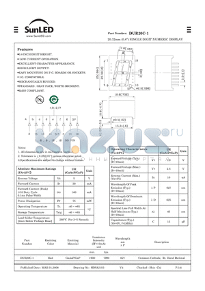 DUR20C-1 datasheet - 20.32mm (0.8) SINGLE DIGIT NUMERIC DISPLAY