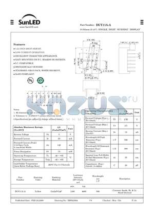 DUY11A-A datasheet - 10.92mm (0.43) SINGLE DIGIT NUMERIC DISPLAY