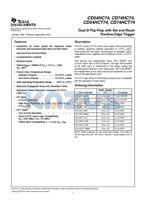 CD74HCT74 datasheet - Dual D Flip-Flop with Set and Reset Positive-Edge Trigger
