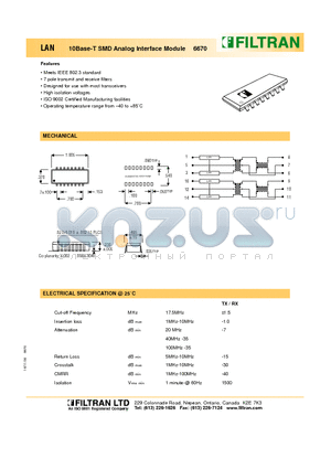 6670 datasheet - LAN 10Base-T SMD Analog Interface Module