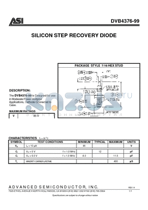 DVB4376-99 datasheet - SILICON STEP RECOVERY DIODE