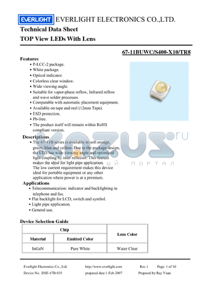 67-11BUWC-S400-X10-TR8 datasheet - TOP View LEDs With Lens