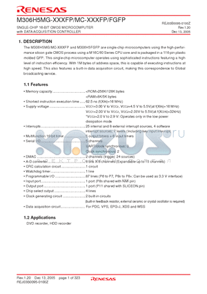 M306H5FGFP datasheet - SNGLE-CHIP 16-BIT CMOS MICROCOMPUTER with DATA ACQUISITION CONTROLLER