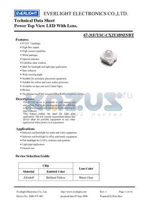 67-31F/YSC-CX2Y1B9Z5/BT datasheet - Technical Data Sheet Power Top View LED With Lens.