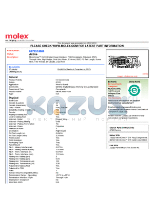 67351-4804 datasheet - MicroCross DVI-D Digital Visual Interface, PCB Receptacle, Polyester (PBT),Through Hole, Right Angle, Gold (Au) Flash, 2.34mm (.092