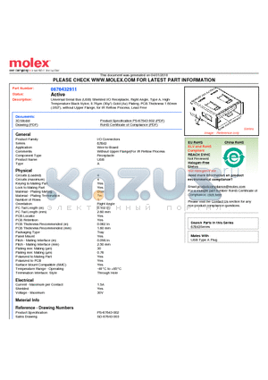 67643-2911 datasheet - Universal Serial Bus (USB) Shielded I/O Receptacle, Right Angle, Type A, High- Temperature Black Nylon