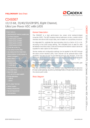 CDK8307AILP64 datasheet - 12/13-bit, 20/40/50/65MSPS, Eight Channel, Ultra Low Power ADC with LVDS