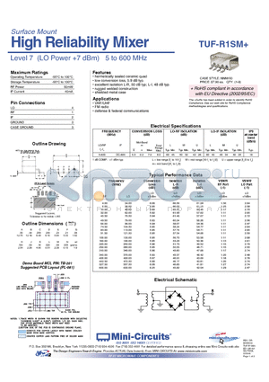 TUF-R1SM+ datasheet - High Reliability Mixer Level 7 (LO Power 7 dBm) 5 to 600 MHz