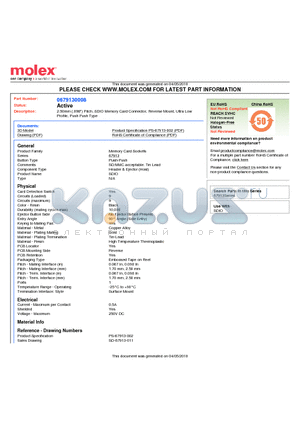 67913-0008 datasheet - 2.50mm (.098) Pitch, SDIO Memory Card Connector, Reverse Mount, Ultra LowProfile, Push Push Type